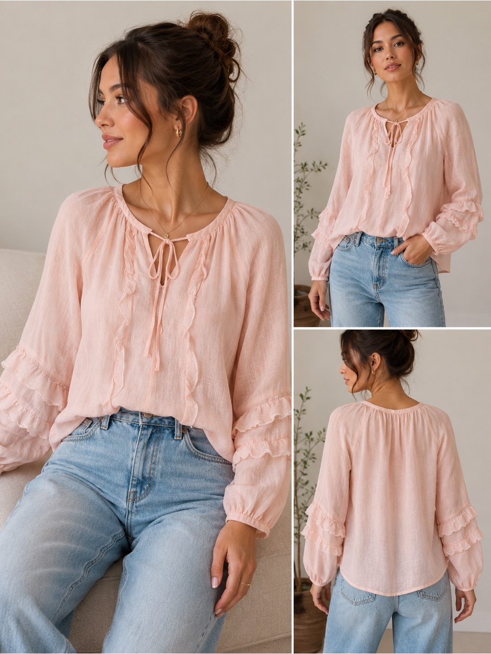 Romantic Light Pink Ruffle Tie-Front Blouse